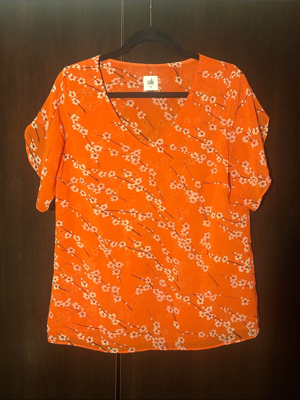 CAbi Orange Floral V-Neck Short Sleeve Top
